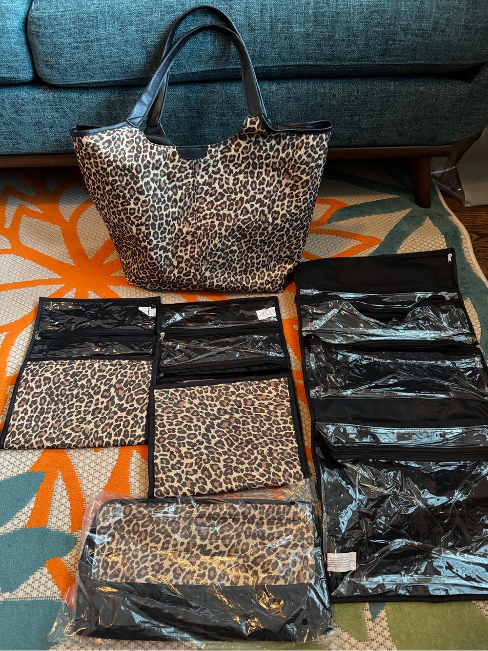 Leopard Print Tote Bag w/ Matching Toiletry, Jewelry & Hair Styling Organizers